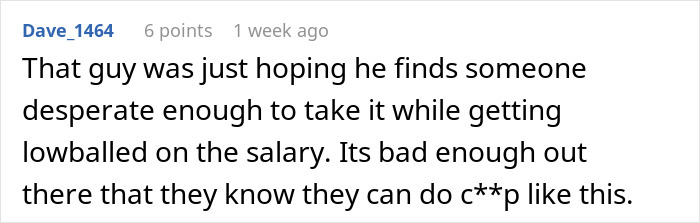 A Reddit comment by Dave_1464 about a job candidate hanging up mid-interview due to a lowball offer, highlighting company tactics.