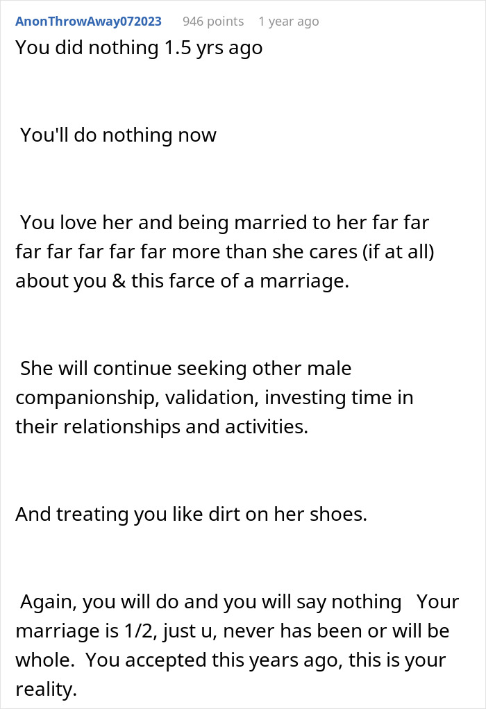 A screenshot of a Reddit comment criticizing a man about his wife and her male coworker, encouraging him to snoop on her phone.