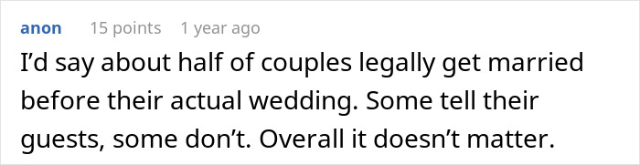 A Reddit comment about couples legally marrying before their wedding ceremony, offering perspective on the bride's panic.