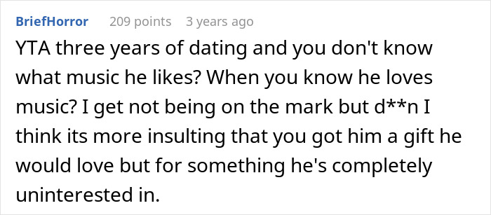 Screenshot of a Reddit comment discussing a woman buying concert tickets for her boyfriend who loves bands, with his touching reaction.