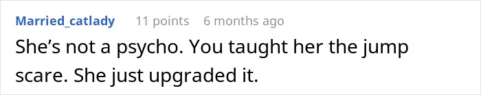 Comment text on a white background about a dad getting a jump scare from his 5-year-old daughter, mentioning psychopathy.