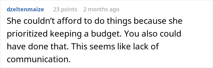 Commenter dzeltenmaize discussing lack of communication and budgeting in a relationship issue about savings.