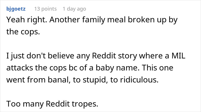 A Reddit comment about a MIL fighting over a baby name, involving police, being unbelievable.