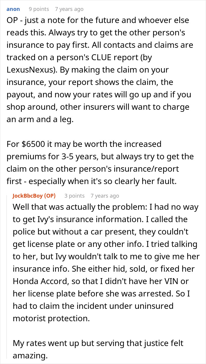 Comment exchange discussing entitlement, car damage, insurance claims, and consequences involving bruised kids and legal issues.