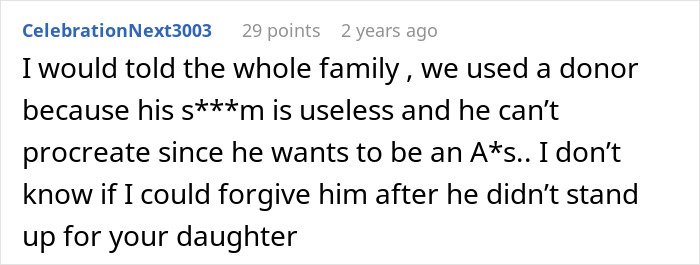 Reddit comment about a man feeling emasculated by his donor baby. The user suggests revealing the donor's identity.