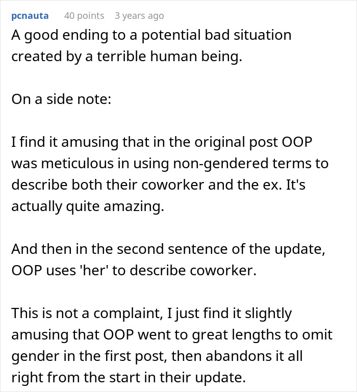 Comment discussing a cheater lady boasting about using ex's dog for revenge and an animal-lover coworker&rsquo;s reaction online.