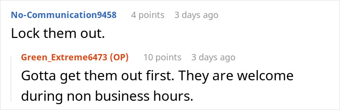 Online conversation showing comments debating how to make family uncomfortable when they refuse to leave a house.