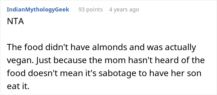 Reddit comment stating NTA and that the food was vegan, dismissing sabotage concerns regarding the son's vegan transition.