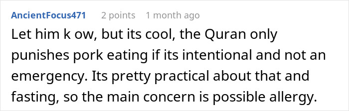 A Reddit comment discussing bacon fat and Muslim dietary rules, emphasizing unintentional consumption is permitted.