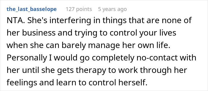 Reddit comment discussing a woman making sister adopt her kid and trying to control her life.