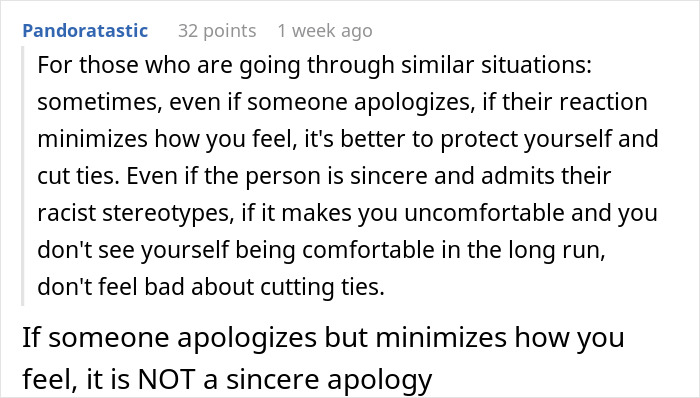 Text post advises against forgiving racist comments if the apology minimizes feelings. Prioritize self-protection.