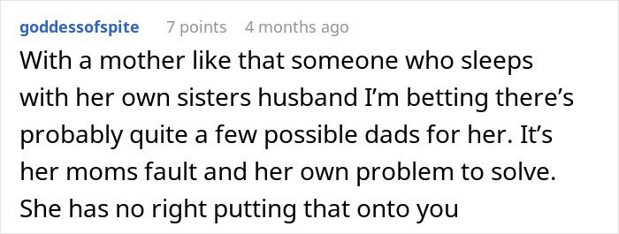Screenshot of online comment discussing confusing and wild family dynamic involving DNA tests and child support drama.