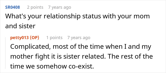 Reddit user sharing a complicated relationship with mom and sister, highlighting family conflict and coexistence challenges.