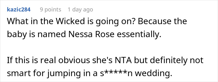 A Reddit user commenting on a messy fight over a baby name, saying "What in the Wicked is going on?".