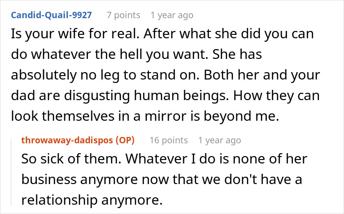 A Reddit thread showing user comments on a betrayal post. The original poster discusses a double betrayal by his wife and dad.