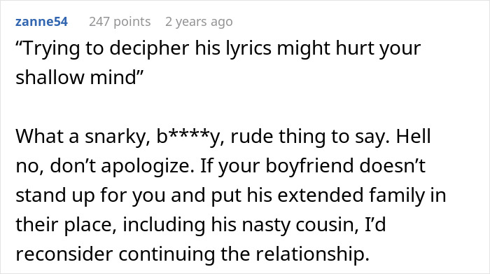 Screenshot of a Reddit comment criticizing a boyfriend’s cousin for bullying after a woman uses Shazam to identify a song. Screenshot of a Reddit comment criticizing a boyfriend’s cousin for bullying after a woman uses Shazam to identify a song.