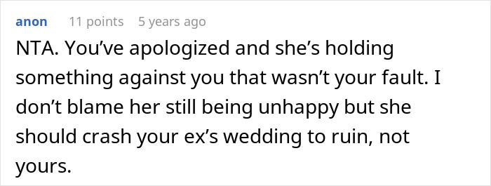 Screenshot of a discussion about a woman worried her sister will sabotage her wedding due to a past incident.