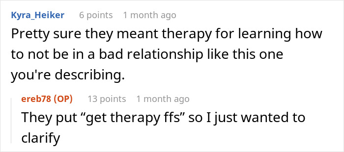 Screenshot of an online discussion about ending a toxic relationship over one cent and feeling liberated from it.