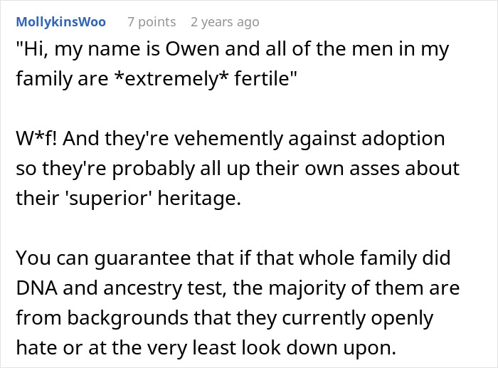 A Reddit comment about male fertility and family heritage. This connects to the keyword donor baby and family conflict.