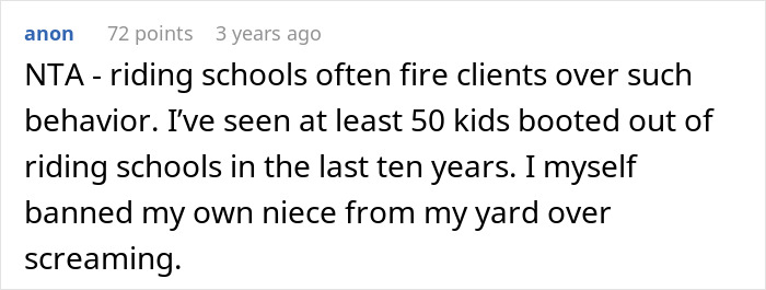 A Reddit comment supporting firing disruptive kids from riding schools, contrasting with a toxic mom's escalation.