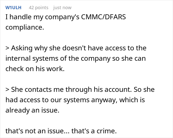 Text post from user W1ULH explaining issues with kid work mother fired involving company system access and compliance concerns. Text post from user W1ULH explaining issues with kid work mother fired involving company system access and compliance concerns.