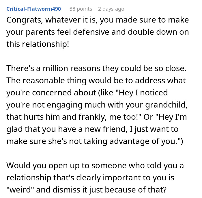 Alt text: Reddit comment discussing man confronting parents about controlling behavior in a relationship with their 20-year-old best friend.