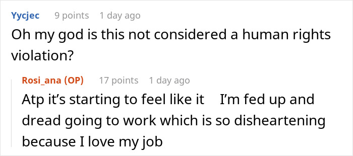 A screenshot of a Reddit thread. A user asks if a manager's request to avoid a feeding tube is a human rights violation.