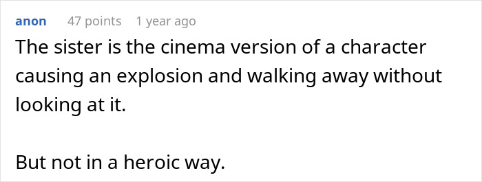 Text on a forum post discussing a sister&rsquo;s character compared to a cinematic explosion scene, relating to CEO hires sister SEO.