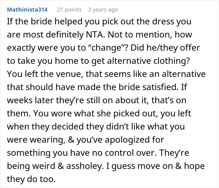 A wedding forum comment defending a guest forced to change a dress the bride picked, highlighting groom throws out sis for dress issues.