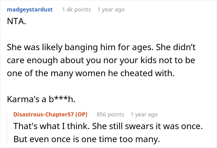 Reddit comments discussing karma and cheating involving a woman, her sister, and her sister's baby daddy.
