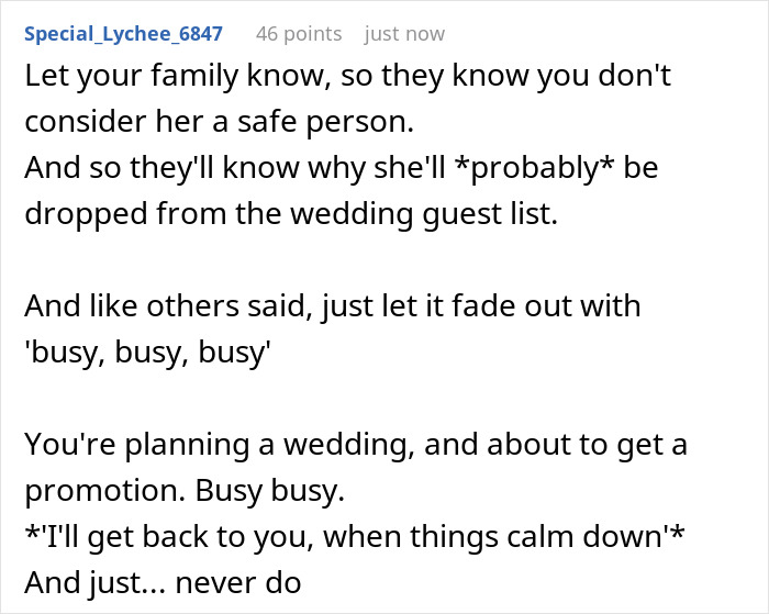 A Reddit comment advising someone to distance themselves from a toxic bestie who ruined love life.