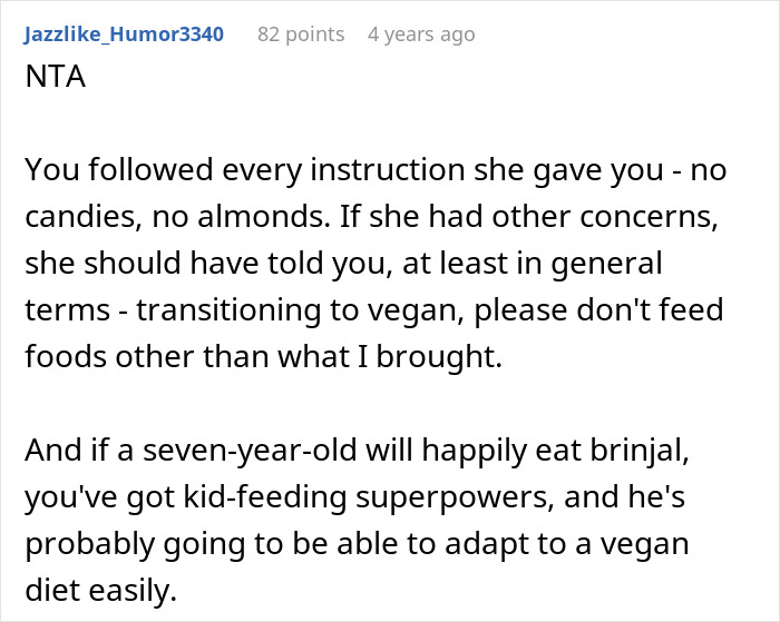 Reddit comment advises clarity to a mom trying to transition her son into vegan, supporting the babysitter's actions.