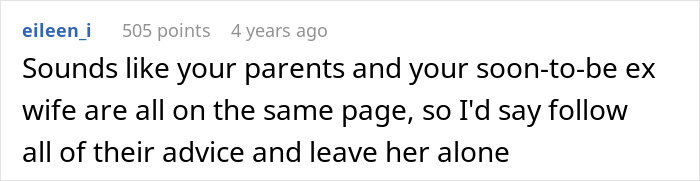 A comment suggesting to leave the wife alone, advising to follow her and parents' advice, relating to a man who lost his family.