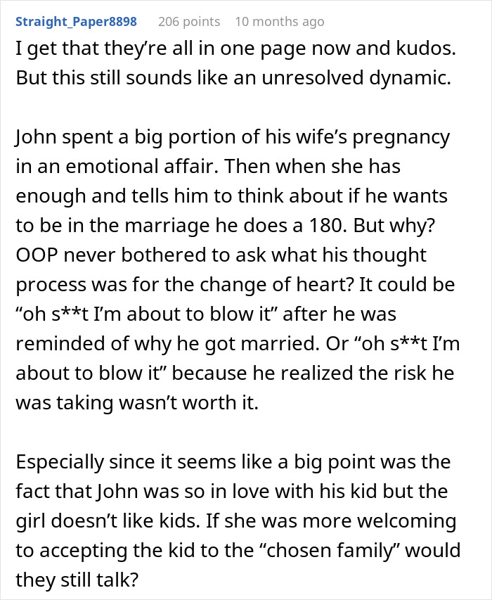 Comment discussing husband neglecting pregnant wife after finding chosen family, causing relationship conflicts and tough choices.