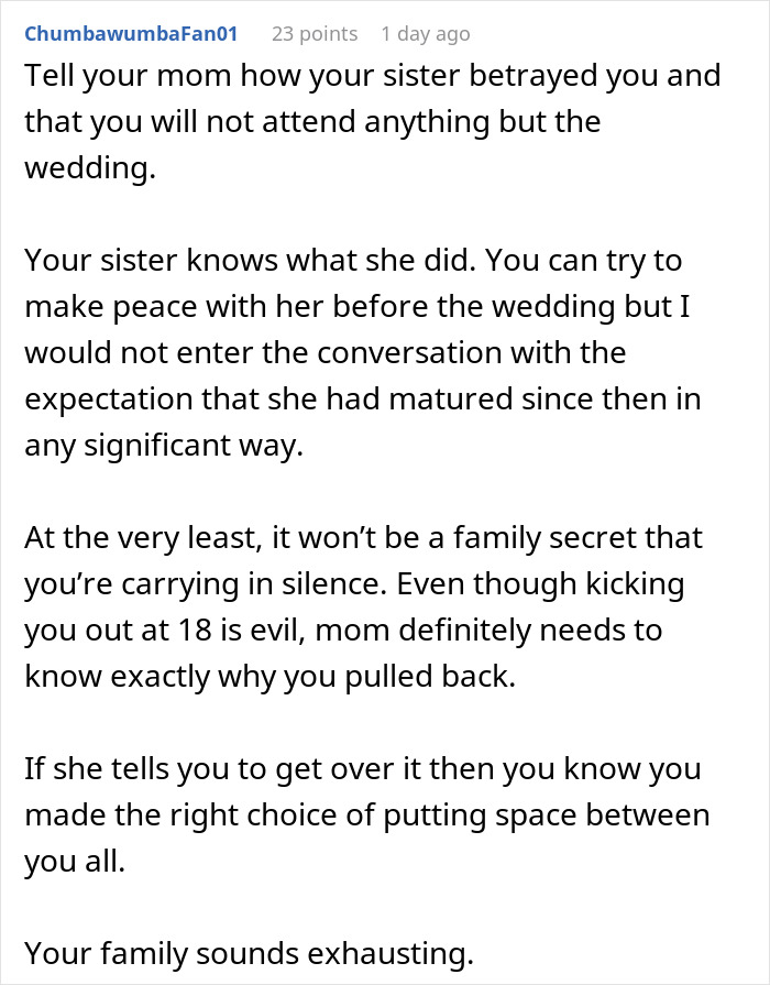 Comment advising to confront sister's betrayal and consider family dynamics before attending the wedding amid conflict.