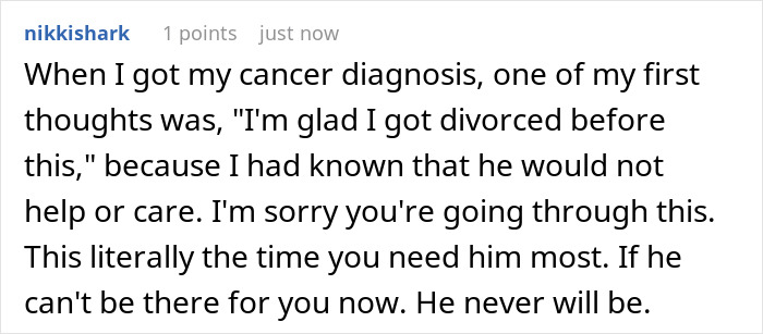 A text-based comment from a user named nikkishark, discussing a cancer diagnosis and a husband who refuses to help.