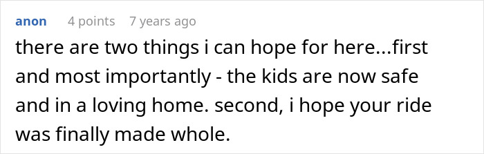 Comment discussing hope for kids' safety and a damaged car being restored after an entitled woman incident.