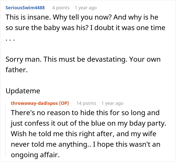 A Reddit conversation showing a man's world shattering after learning about double betrayal by his dad and wife.