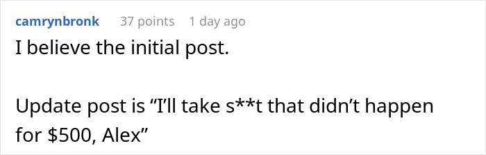 A Reddit comment thread with user camrynbronk. The text reads: I believe the initial post. Update post is "Ill take s**t that didnt happen for $500, Alex." MIL fight over baby name.