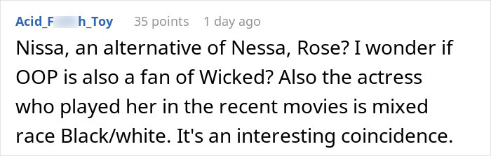 A Reddit comment about baby names, speculating if the Original Poster is a Wicked fan, showing a fight over a baby name.