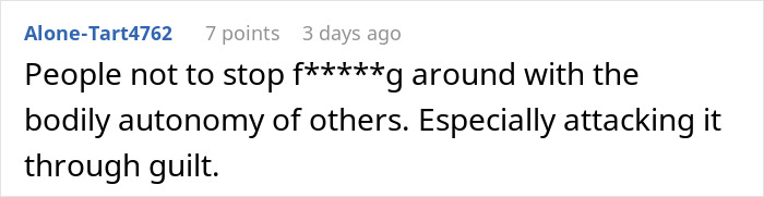 Comment about man refusing to donate kidney to 77-year-old dad, focusing on bodily autonomy and guilt tactics.