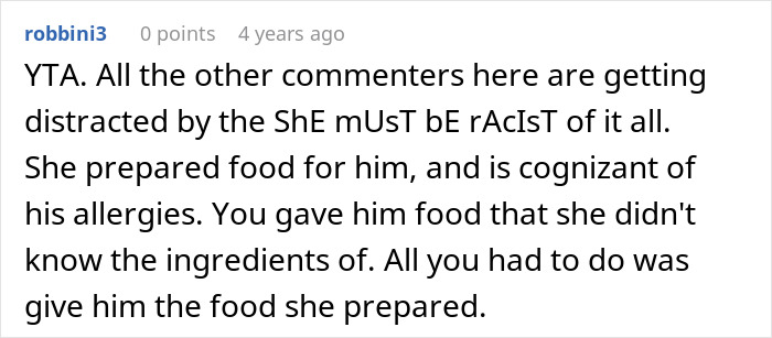 Reddit comment: YTA, criticizing feeding child unknown food instead of allergy-safe, prepared food when transitioning son into vegan.