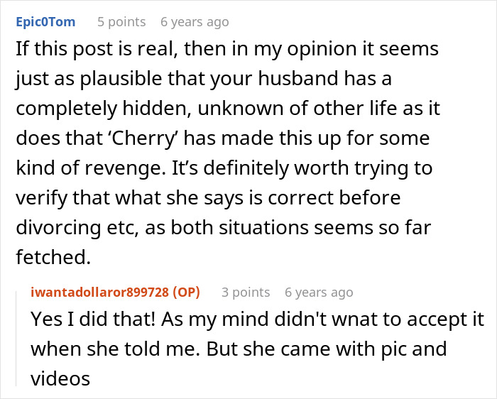 A comment thread discussing a woman finding her husband's secret wife. The original poster confirms verification with pics and videos.