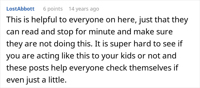 Screenshot of a Reddit comment discussing self-awareness about being kind to kids, related to husband being awesome to mom but a jerk to children. Screenshot of a Reddit comment discussing self-awareness about being kind to kids, related to husband being awesome to mom but a jerk to children.