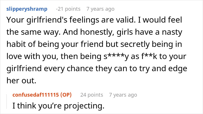 Screenshot of an online forum discussing a woman breaking up with her boyfriend over his close female friend and family ties. Screenshot of an online forum discussing a woman breaking up with her boyfriend over his close female friend and family ties.