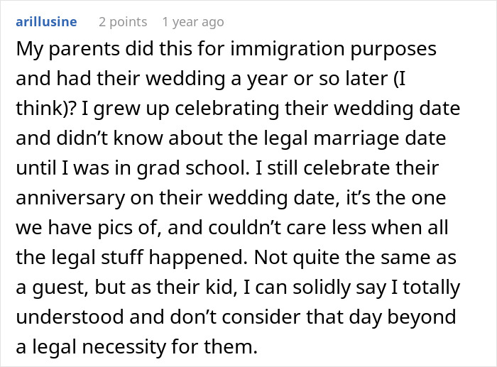 A Reddit comment discussing parents legally marrying before their wedding ceremony, offering perspective on the bride's guest concerns.