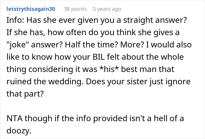 Comment discussing concerns about a sister potentially sabotaging a wedding due to a past incident involving the best man.