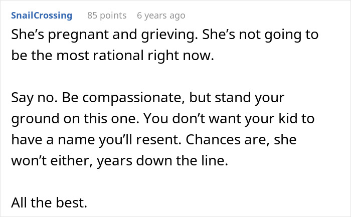 Screenshot of a forum comment advising against naming an unborn son after a late ex who mistreated the woman, highlighting drama. Screenshot of a forum comment advising against naming an unborn son after a late ex who mistreated the woman, highlighting drama.