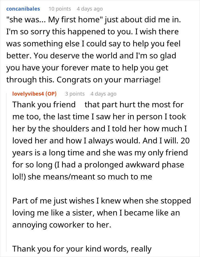A Reddit post with comments discussing a broken heart from a friend skipping a wedding, sharing feelings of loss and betrayal.