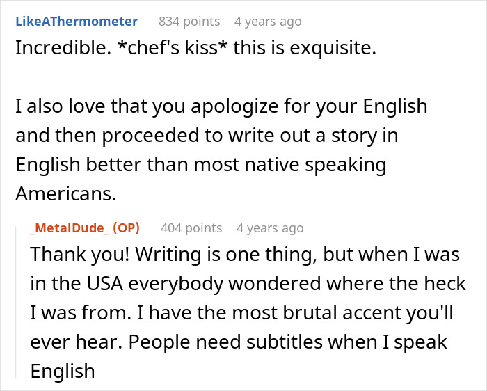 A Reddit comment section about a horrible boss and perfect revenge, praising an eloquent story despite an apology for English.